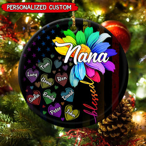 Grandma With Grandkids Rainbow Flower Personalized Circle Ornament
