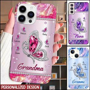 Sparkling Pink Violet Butterfly Grandma- Mom With Little Kids Personalized Glass Phone Case