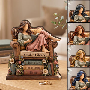 Personalized Book Lover Wooden Block, Custom Name Reading Girl Desk Decor