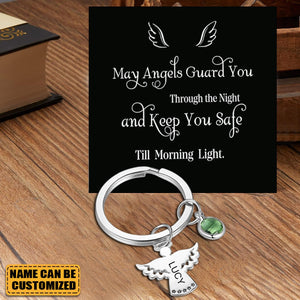 Personalized Guardian Angel Birthstone Stainless Steel Keychain