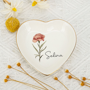 Personalized Couple Gift-Birth Flower Jewelry Dish with Name
