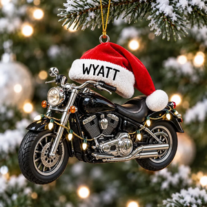 Personalized Motorcycle Christmas Ornament - Santa Hat Bike Holiday Decor