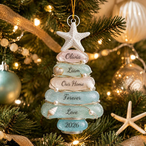Personalized Sea Glass Christmas Tree Ornament, Custom Family Names Gift
