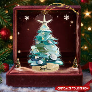 Personalized Sea Glass Christmas Tree Ornament, Custom Name Coastal Ornament