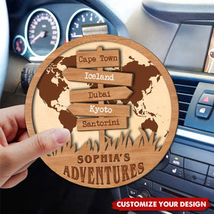 Personalized Travel Adventures 2 Layer Wood Car Visor Clip, Gift For Travel Lovers