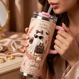 Personalized Vintage Halloween Ghost Insulated Tumbler With Handle, Custom Name Spooky Gift