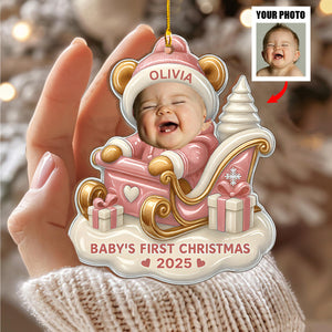 Baby's First Christmas Teddy Bear On Sleigh, Custom Wood Ornament