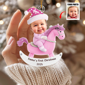 Baby's 1st Christmas On A Rocking Horse, Custom Photo Acrylic Ornament