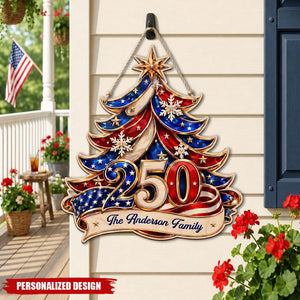 Personalized 250th America Christmas Wooden Sign | Patriotic Family Decor