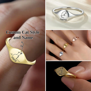 Personalized Cute Engraved Cat Silhouette Ring with Name Dainty Jewelry