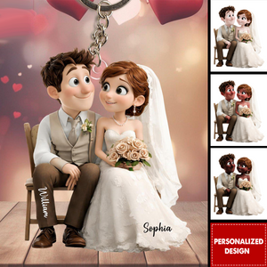 Personalized Cute Cartoon Wedding Couple Acrylic Keychain