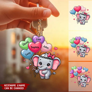 Cute Elephant Grandma With Sweetheart Balloon Grandkids Personalized Keychain