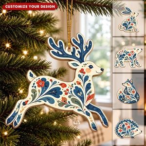 Personalized Christmas Wooden Christmas Ornament Set: Scandinavian Folk Art Woodland Animals