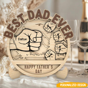 Personalized Dad And Kid Hands Fist Bump Mountain Sign Wood Plaque, Gift For Dad