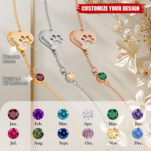 Personalized Paw Name Birthstones Necklace with Heart, Pet Memorial Necklace