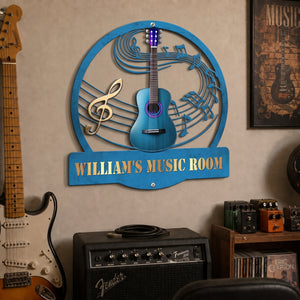 Guitar Music Room, Custom Name & Guitar Type - Personalized Metal Sign