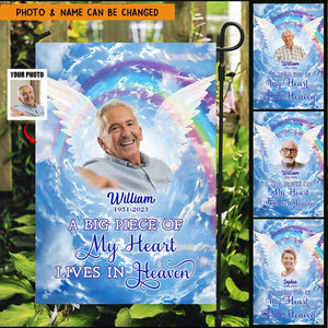 A big piece of my Heart lives in Heaven Rainbow Sky Memorial Upload Photo Personalized Garden Flag