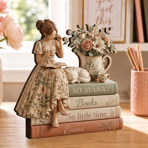Custom Name Book Stack Wooden Block, Personalized Reader Gift