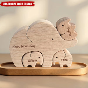 First Father's Day Gift - Personalized Wooden Elephant Dad And Baby Puzzle