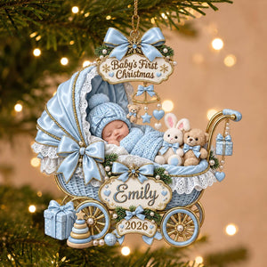 Baby Sleeping Inside An Carriage - Personalized Baby’s First Christmas Ornament