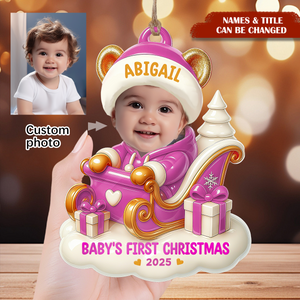 Personalized Baby's First Christmas Teddy Bear Sleigh Photo Ornament