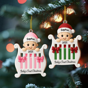 Baby's First Christmas With Crib and Bows, Custom Wood Ornament