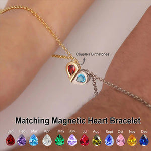 Personalized Couple Bracelets with Birthstones, Matching Magnetic Heart Bracelet