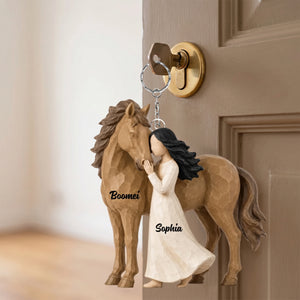 Girl Standing With Horse Personalized Acrylic Keychain - Custom Horse Lover Keepsake Gift