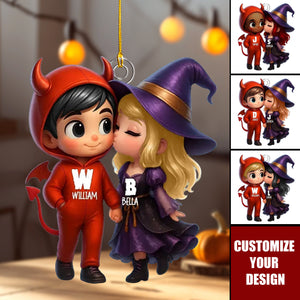 Cute Cartoon Halloween Couple Personalized Acrylic Ornament, Halloween Tree Decoration