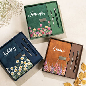 Custom Birth Flower & Name For Her, Wife, Daughter, Sister - Personalized Notebook Set