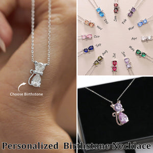Personalized Birthstone Kitten Necklace For Women, Jewelry for Cat Lovers, Grandma Gift