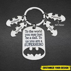 Personalized Superhero Dad Keychain With Kids Names - Fathers Day Gift