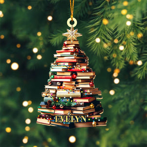 Personalized Christmas Book Tree Name Ornament, Book Lover Gift