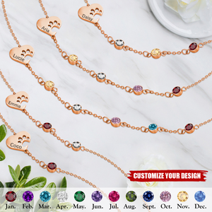 Personalized Paw Name Birthstones Necklace with Heart, Pet Memorial Necklace