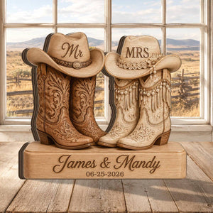 Personalized Cowboy Couple Wooden Block With Names and Date