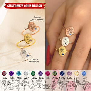 Personalized Engraved Birth Flower Birthstone Ring