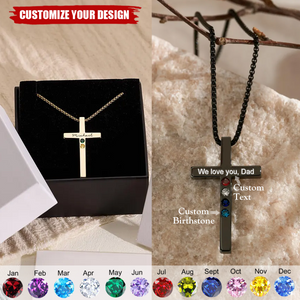 Custom Name Birthstone Men's Necklace, Personalized Cross Engraved Necklace