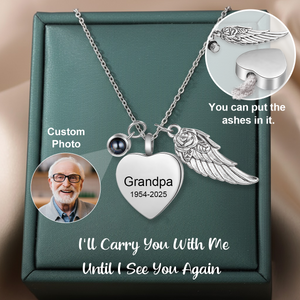 Personalized Memorial Heart Projection Necklace With Angel Wing