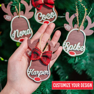 Rudolph Reindeer Custom Kids' Names Personalized 2 Layers Wooden Ornament With Bow