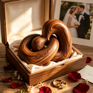 Personalized Wooden Heart Sculpture – Custom Couple Anniversary Gift – Interlocking Love Decor