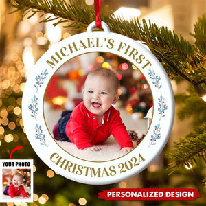 Personalized Baby's First Christmas Photo Circle Ceramic Ornament