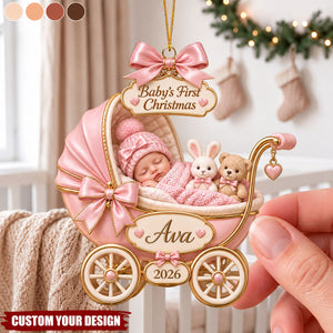 Baby Sleeping Inside An Carriage - Custom Baby’s First Christmas Ornament