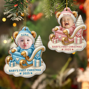 Baby's First Christmas Teddy Bear On Sleigh, Custom Wood Ornament