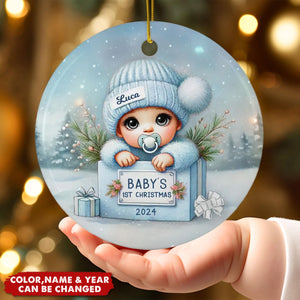 Watercolor Baby Inside Gift Box Personalized Ceramic Ornament