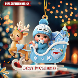 Baby Santa In Sleigh First Christmas - Personalized Custom Shaped Acrylic Ornament