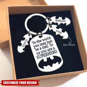 Personalized Superhero Dad Keychain With Kids Names - Fathers Day Gift