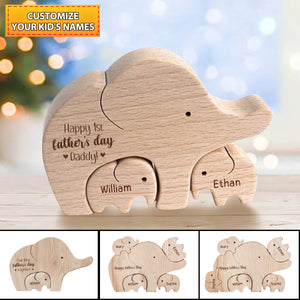 First Father's Day Gift - Personalized Wooden Elephant Dad And Baby Puzzle