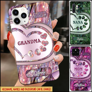Sparkling Grandma- Mom With Sweet Heart Kids, Personalized Glass Phone Case