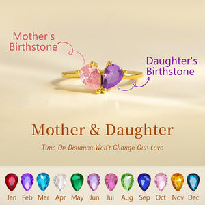 Personalized Mother And Daughter Dual Teardrop Birthstone Heart Ring