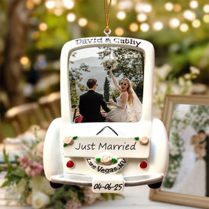 Just Married Wedding Car - Custom Photo 1st Christmas Ornament